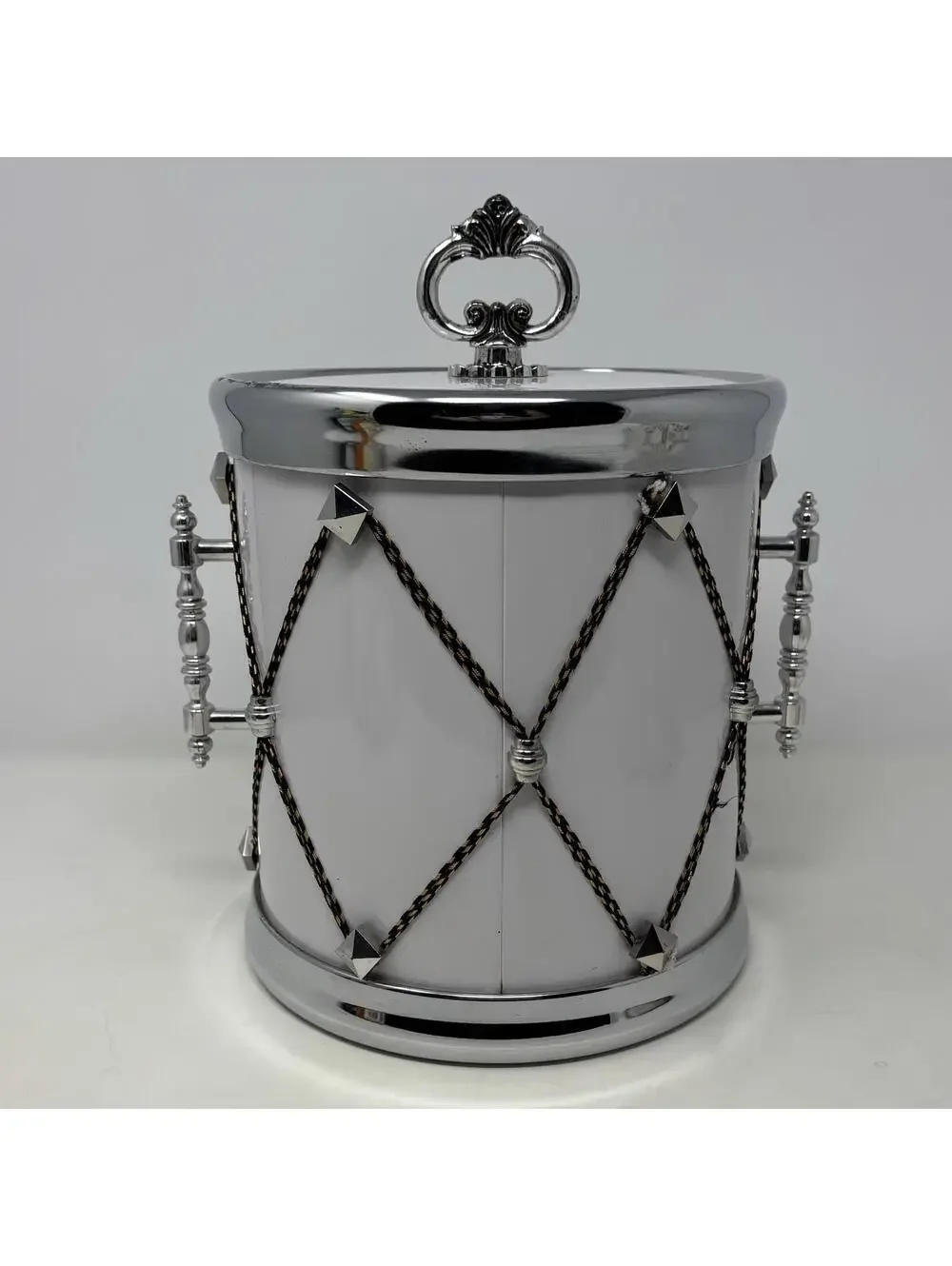 VTG Ice Bucket with Lid Snare Drum MCM Barware White & Silver Design Bar Ware
